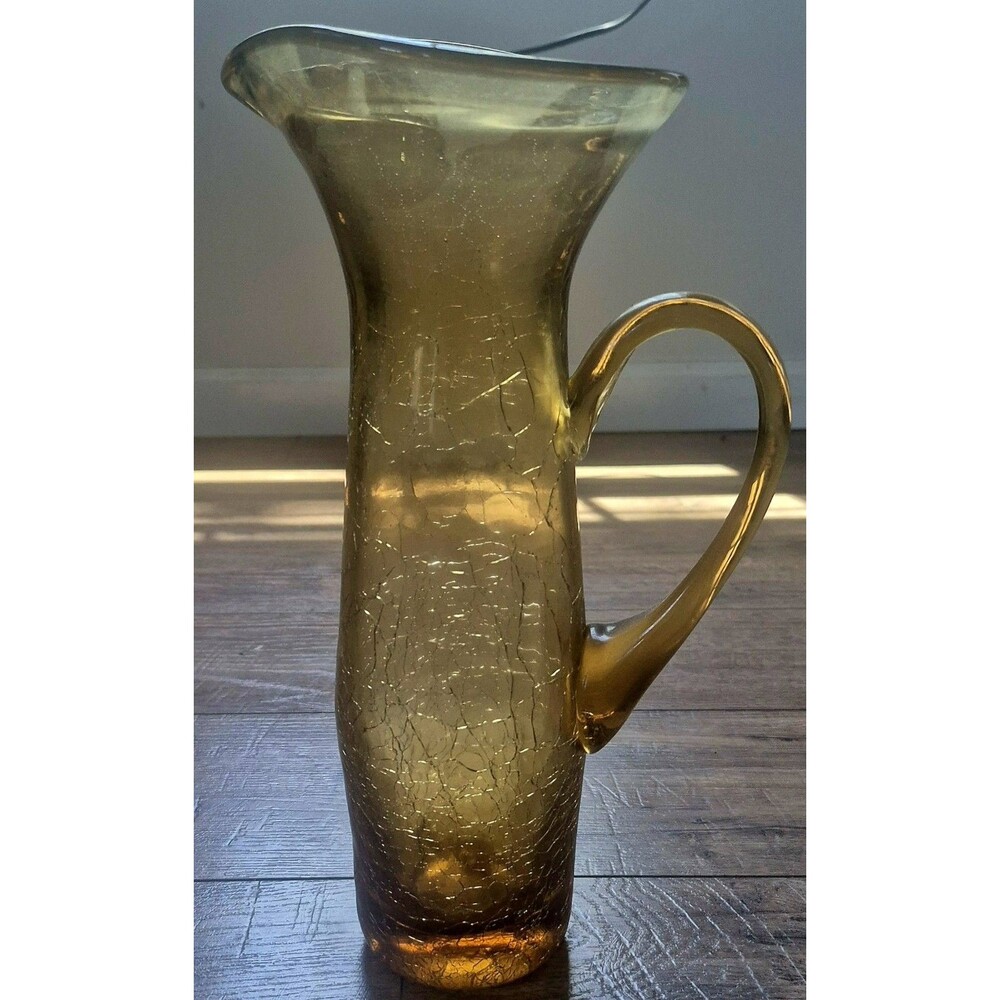 MCM Hand Blown Rainbow Art Glass Long John Pitcher Crackle Topaz Amber Yellow
